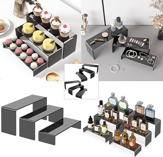 Black Acrylic Display Risers, 6 Pc Acrylic Risers for Display for Food Dessert Cupcakes, Jewellery, Collectibles, Puppets, Anime Characters, Perfumes for acrylic risers