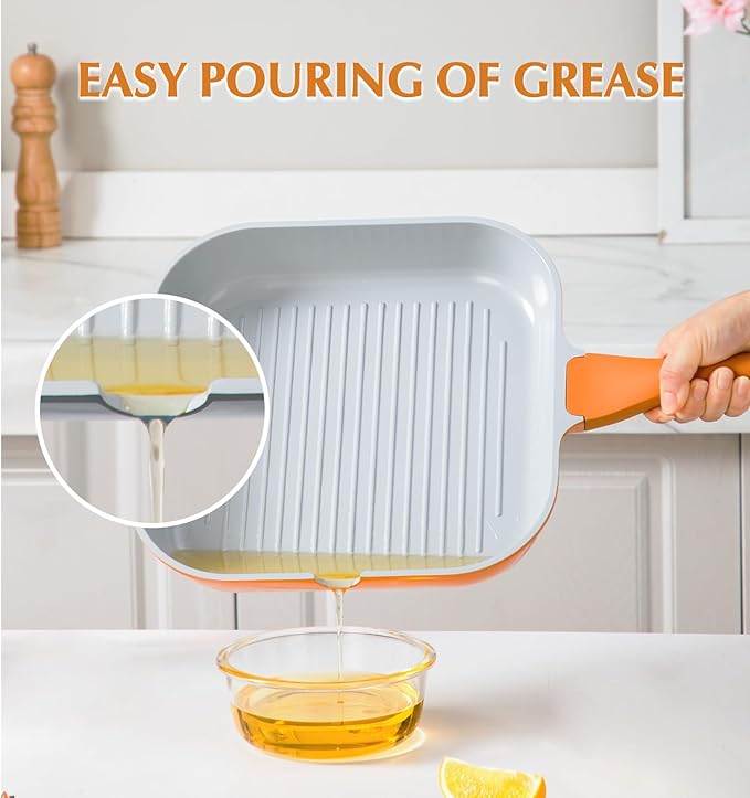 KOCH SYSTEME CS 11 Inch Nonstick Grill Pan for Stove Tops, Square Griddle Pan with Pour Spouts, Grill Pan for Indoor Cooking, Grill Skillet with Bakelite Handle, PTFE & PFOA Free, Orange