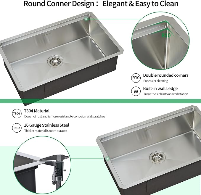 Undermount Kitchen Sink, 30 x 19 Inch Sink Kitchen 16 Gauge Stainless Steel Kitchen Sinks Single Bowl Workstation Sink with Cutting Board