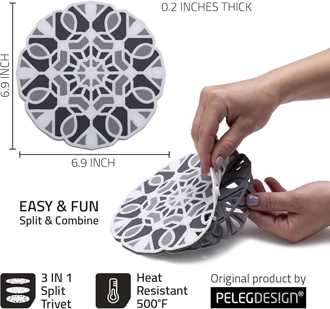 Peleg Design TriveTile Trivet Set – for Hot Pots and Pans - Fun and Decorative – Non-Slip Heat-Resistant Kitchen Trivets - Split into 3 Trivets, Holds 3 Dishes Simultaneously - 7x7 inches (Charcoal)