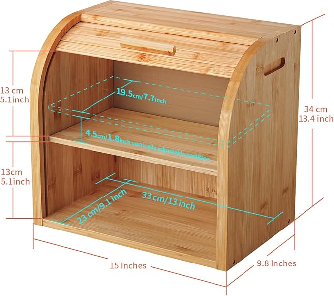 G.a HOMEFAVOR Bread Box, 2 Layer Bamboo Bread Boxes for Kitchen Food Storage, Large Capacity Bread Keeper Roll Top with Removable Layer, 15" x 9.8" x 14.2", 15 mm Thickness (Self-assembly)