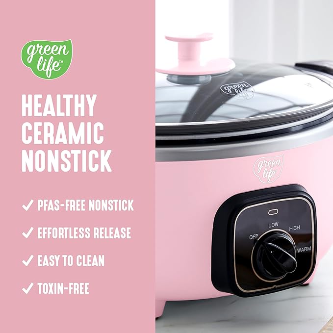 GreenLife 3.5QT Slow Cooker, PFAS-Free Non-Toxic Ceramic Nonstick Removable Interior Bowl, Programmable, Keep Warm, Stovetop & Oven Safe Pot, Dishwasher Safe Crock & Glass Lid, Pink