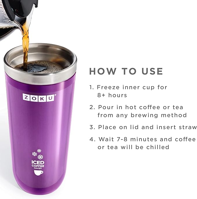 ZOKU Instant Iced Coffee Maker, Reusable Beverage Chiller Cools Hot Beverages in Minutes Without Dilution, Portable 11-ounce Tumbler With Spill-resistant Lid and Straw, Purple