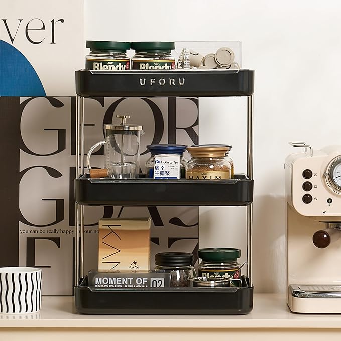 Countertop Coffee Station Organizer, 3 Tier Wine Glass Holder, Mug Shelf with Removable Drain Tray, Spice Rack for Kitchen, Bathroom Countertop Organizer, Black