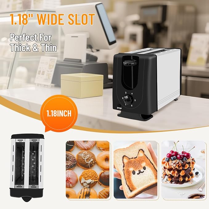 2-Slice Toaster, Bread Toaster with 6 Shade Settings, Removable Tray with Reheat & Cancel Buttons, Easy Clean, Compact for Dorm, RV, Office (White)