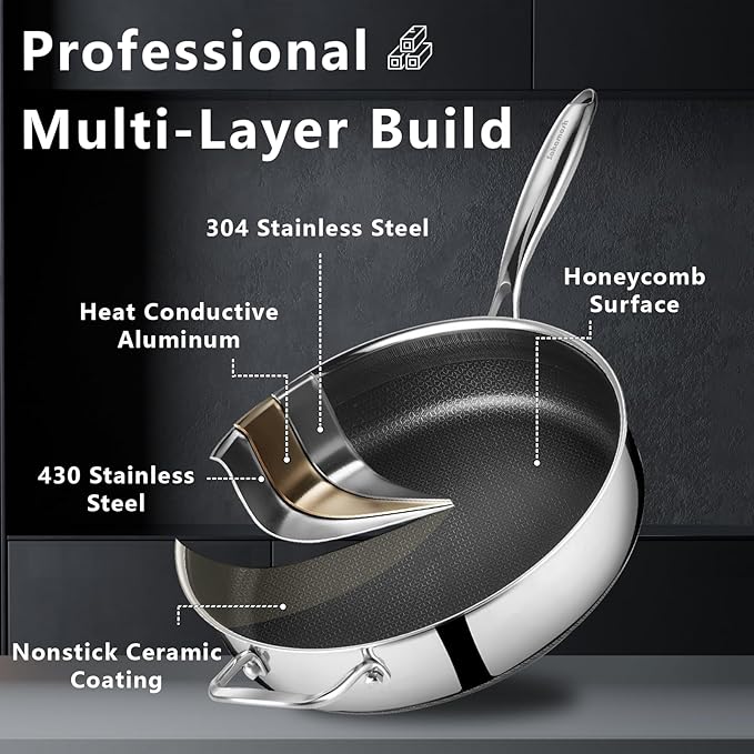 12 Inch Frying Pan Nonstick with Lid, 5.6QT Hybrid Ceramic Deep Saute Pan & Skillet, Tri-Ply Stainless Steel for Even Heat, PFOA/PFOS Free, Induction & Oven Safe