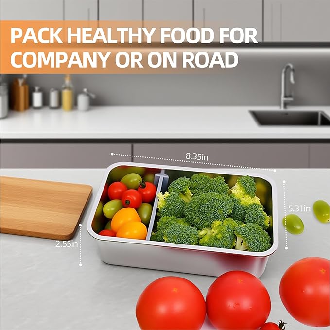 KEKEGO Lunch Box, Premium Stainless Steel Bento Box, Leakproof Lunch Box for Adults Food Storage, 42oz/1.25L with Glass Lid, Microwave & Dishwasher