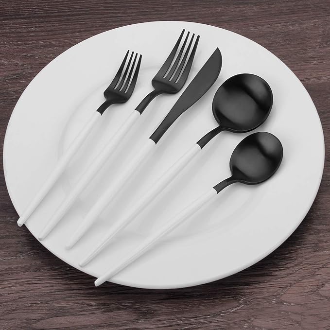 Matte Black Silverware Set with white handle, Bysta 20-Piece Stainless Steel Flatware Set, Kitchen Utensil Set Service for 4, Tableware Cutlery Set for Home and Restaurant, Dishwasher Safe