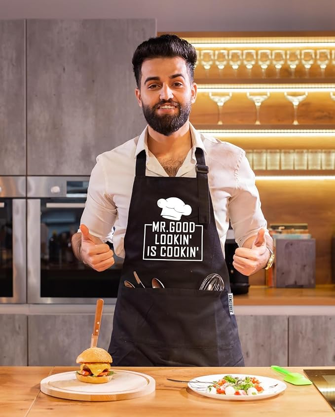 Funny Grilling Aprons for Men with Pockets BBQ Novelty Cooking Apron for Son Grandad Christmas Fathers Day Gift