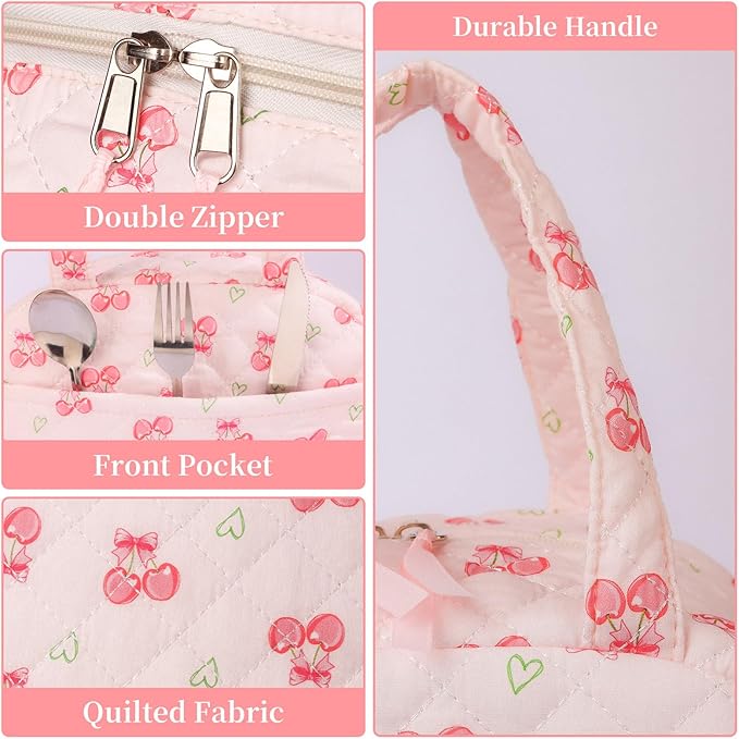 Quilted Lunch Box for Women,Lunch Box for Teen Girls,Cute Pink Cherry Lunch Bags for Work, School,Office,Picnic,Travel (cherry heart)