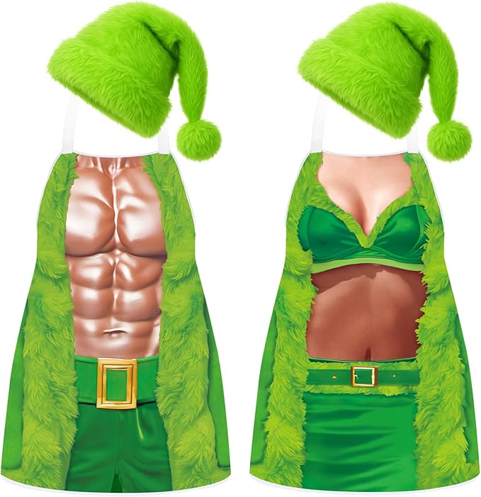 4 Pcs Christmas Aprons with Hats for Women Men Adjustable Kitchen Funny Cooking Aprons for BBQ Party