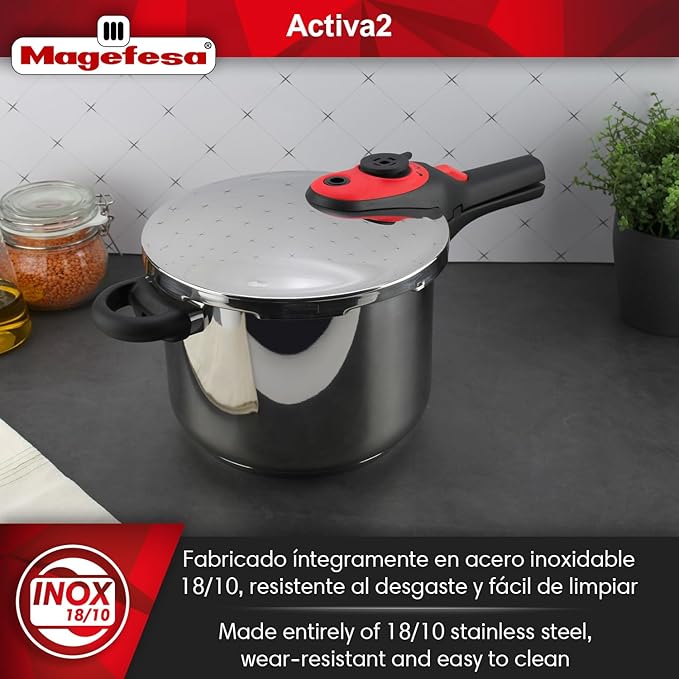 Magefesa Activa2 8-Quart Stainless Steel Pressure Cooker – 2 Cooking Programs, Works on All Stovetops, Red Handle