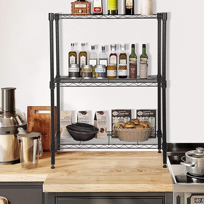3 Tier Shelf Adjustable Wire Shelving Unit Metal Shelves with Leveling Feet Storage Rack for Kitchen Bathroom Utility Shelf Space Saving, 450lbs Capacity, 13"x23"x30"H, Black