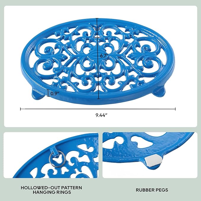 JOGREFUL Cast Iron Trivet Mats, Kitchen Pot Holders to Portect Table/Countertops, Heat Resistant Mats for Teapot/Hot Dishers/Plates, Vintage Mats with Weighted-Base, Blue