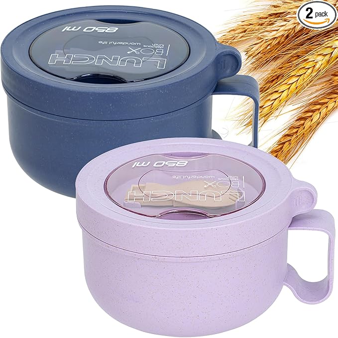 2 Pack Soup Bowl with Handles, Microwave Ramen Bowl with Lid for Soup and Instant Noodles,Oatmeal, Gumbo, Salad,BPA Free