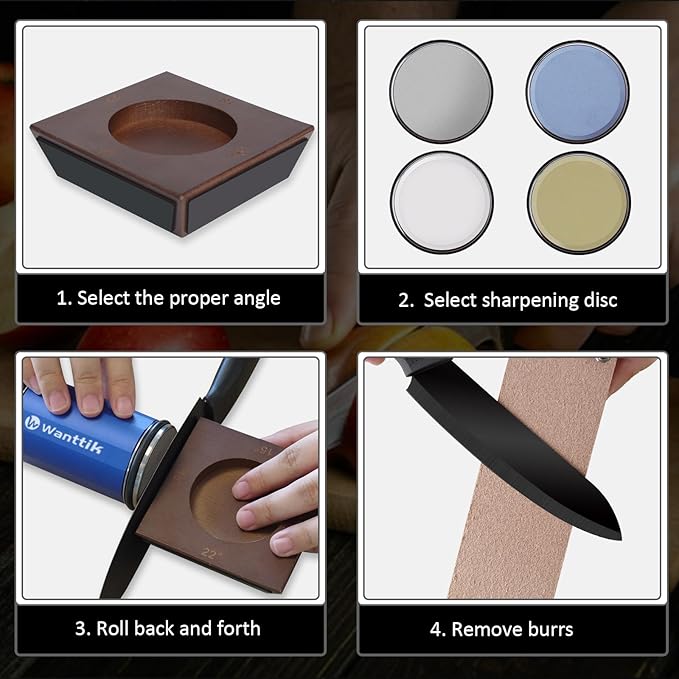 Rolling Knife Sharpener Kit, Upgraded Roller Knife Sharpener with Leather Strop for Kitchen Knives, 4-Disc Rolling Stone Sharpener with 15&18&20&22 Degree Sharpening, Blue