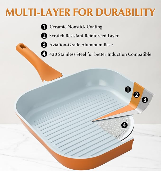KOCH SYSTEME CS 11 Inch Nonstick Grill Pan for Stove Tops, Square Griddle Pan with Pour Spouts, Grill Pan for Indoor Cooking, Grill Skillet with Bakelite Handle, PTFE & PFOA Free, Orange