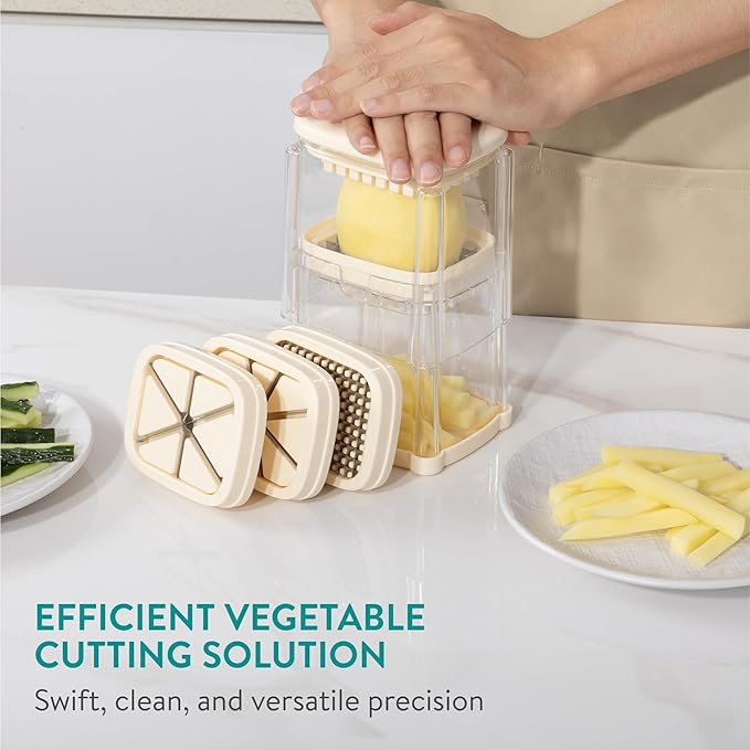 Navaris Multifunctional Vegetable Chopper - French Fry Cutter, Food Chopper, Potato Cutter, Onion Dicer, Apple Slicer, 4 Interchangeable Blades - Dishwasher Safe - Cream