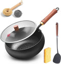 WANGYUANJI 9.5-Inch Iron Wok Pan with Lid & Spatula, Deep Flat-Bottom Stir Fry, Uncoated & Unseasoned, Induction Compatible, Upgraded Wooden Handle