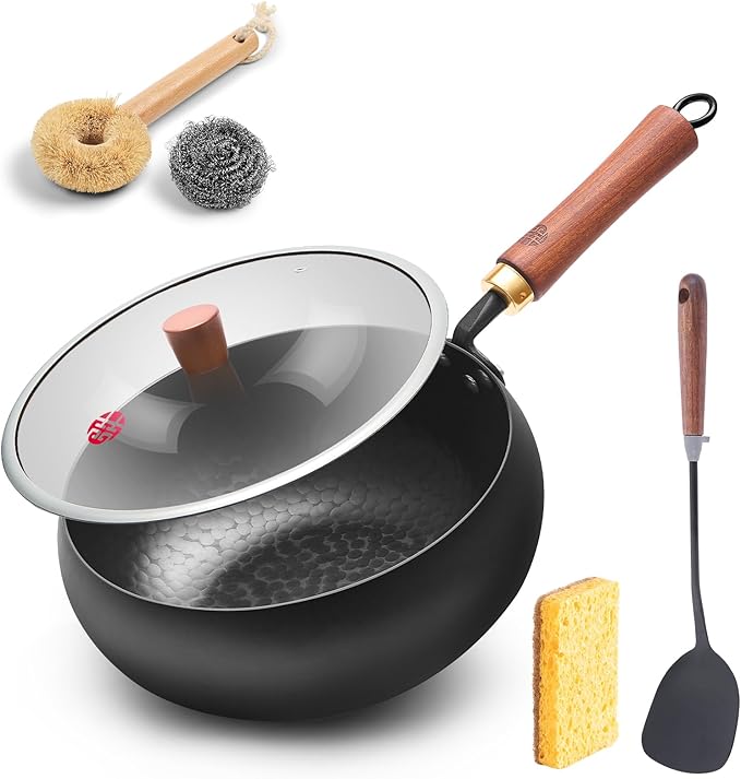 WANGYUANJI 9.5-Inch Iron Wok Pan with Lid & Spatula, Deep Flat-Bottom Stir Fry, Uncoated & Unseasoned, Induction Compatible, Upgraded Wooden Handle