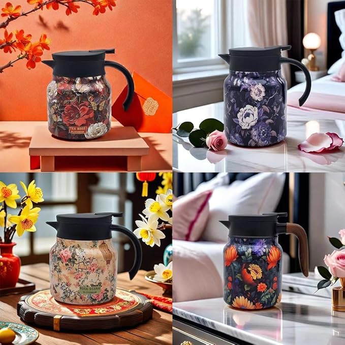 Vintage Floral Pattern Teapot, Doresty Tea Pot, Vintage Floral Pattern Tea-Built-In Infuser, Stainless Steel Thermal Carafe with Lid for Hot Drinks (Orange, Plastic handle)