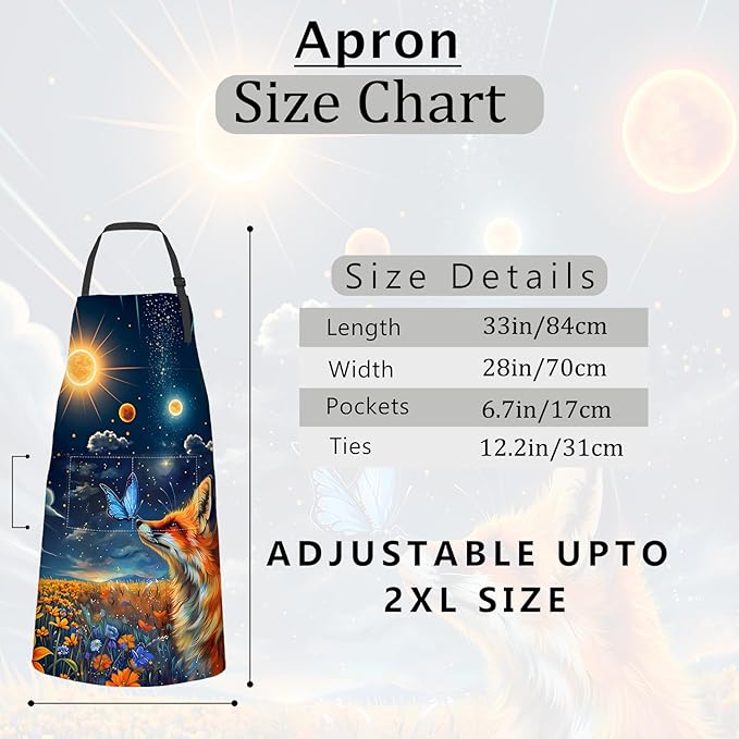 Fox Butterfly Apron,Oxford Fabric Adjustable Kitchen Apron with 2 Pockets,Waterproof Cooking Aprons for Men Women Mom Wife Dad,Ideal Gifts for Coffee,Shop,Baking,BBQ,Housewarming,28x33in
