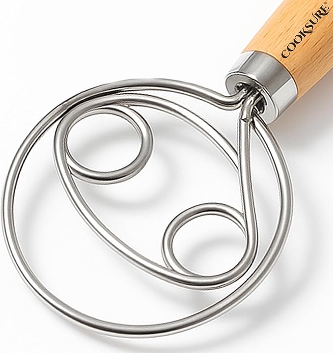 13 Inch Danish Dough Whisk – 304 Stainless Steel Dough Whisk with Smooth Wooden Handle for Easy Sourdough & Bread Mixing