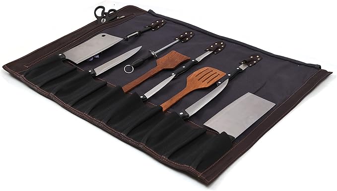 Leather Knife Roll Storage Bag, Elastic and Expandable 10 Pockets, Adjustable/Detachable Shoulder Strap, Travel-Friendly Chef Knife Case (Canvas, Cloud)
