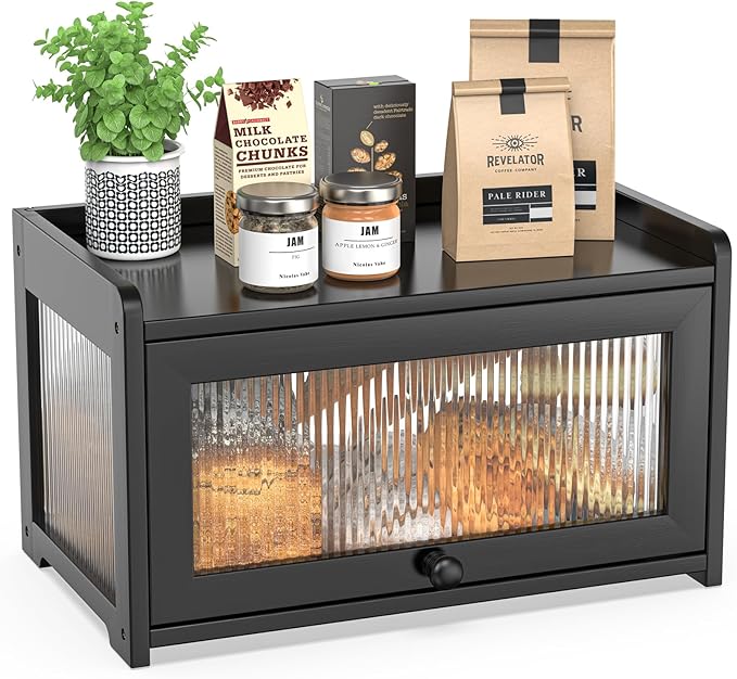 BAMBANG Bamboo Bread Box for Kitchen Counter, Large Capacity Bread Storage Container Farmhouse Bread Box with 3 Sides Wavy & Back Clear Window, Breadbox Bread Bin Holder for Homemade Bread, Black