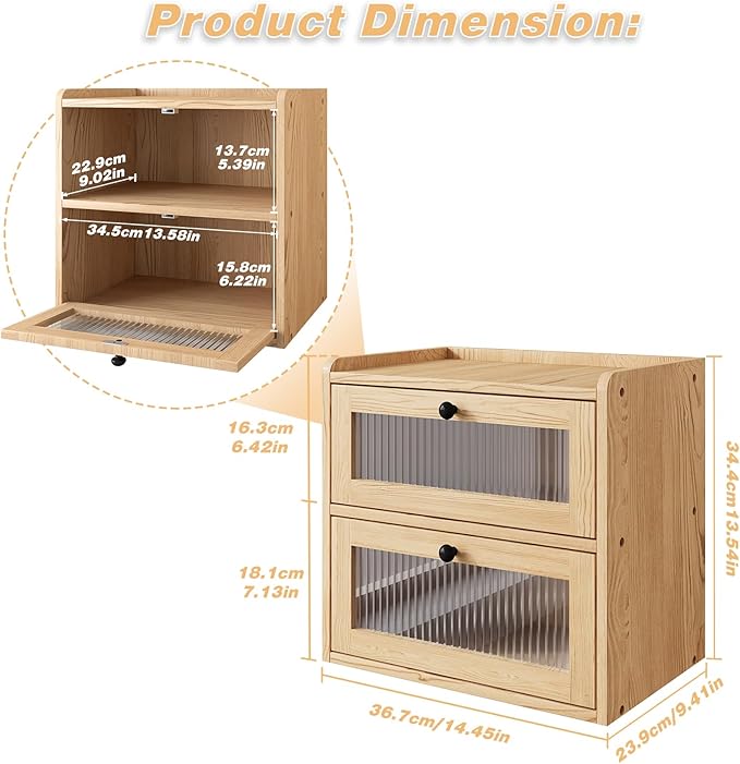 Double Layer Large Bread Box for Kitchen Counter, Wooden Corner Bread Storage Container with Acrylic Window, Original