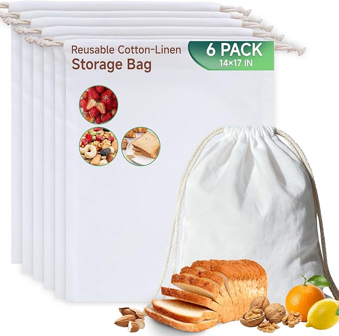 Simple&Opulence 6-Pack 14” x 17” Linen Cotton Drawstring Bags Reusable Grocery Sacks, DIY Craft Sachet Sacks Storage Cloth Bags for Party Wedding Home Bulk Produce Bags, Washable, White