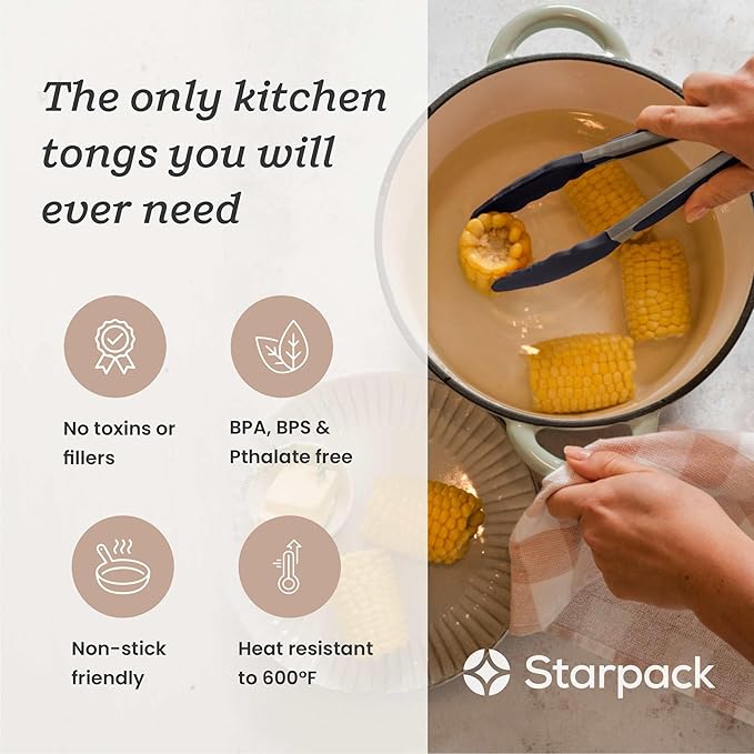 StarPack Premium Silicone Kitchen Tongs 9-Inch - Stainless Steel with Non-Stick Silicone Tips, High Heat Resistant to 600°F, For Cooking, Serving, Grill, BBQ & Salad (Stormy Grey)
