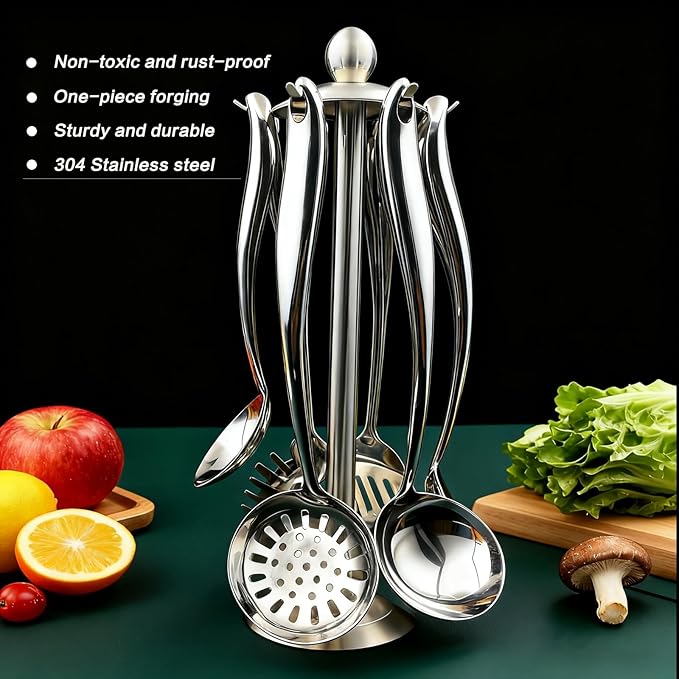 Stainless Steel Cooking Utensils Set with Holder, 7-Pieces All Metal Kitchen Utensils, 15’’ Long Kitchen Tools with Countertop Rotating Stand, Spatula, Ladle, Skimmer, Tunner, Pasta, Large Spoon