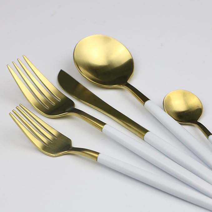 20-Piece 18/10 Stainless Steel Flatware Set, Serive for 4, With Fork Spoons Knife Teaspoon Dessert Fork for Home Kitchen Restaurant Hotel (White + Gold)
