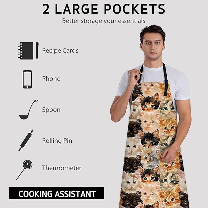 Adorable Kitten Apron, Kitchen Cooking Baking Adjustable Polyester Cute Cat Face Aprons for Women Men, with 2 Pockets, 28×33in, Ideal Gifts for Wife, for Chef Gardening Grilling Cleaning