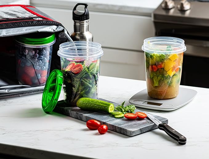 (32 Ounce 10 Pack) Twist cap Containers Clear Bottom With Green Top Screw on Lids Twist Top Food Storage Freezer Containers