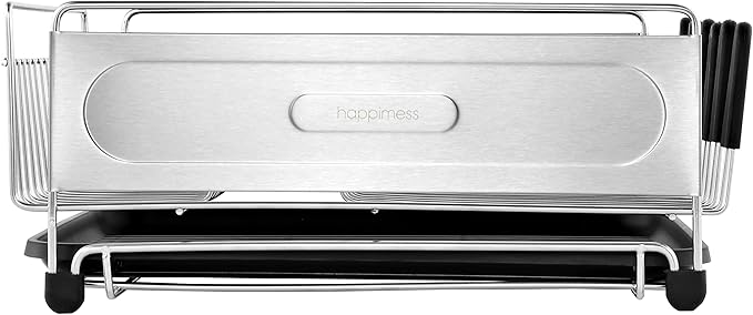 happimess DSH1000A Compact 17.25' Fingerprint-Proof Stainless Steel Dish Drying Rack, Dish Rack with Wine Glass Holder, Utensil Holder, Stainless Steel/Black, Silver/Black