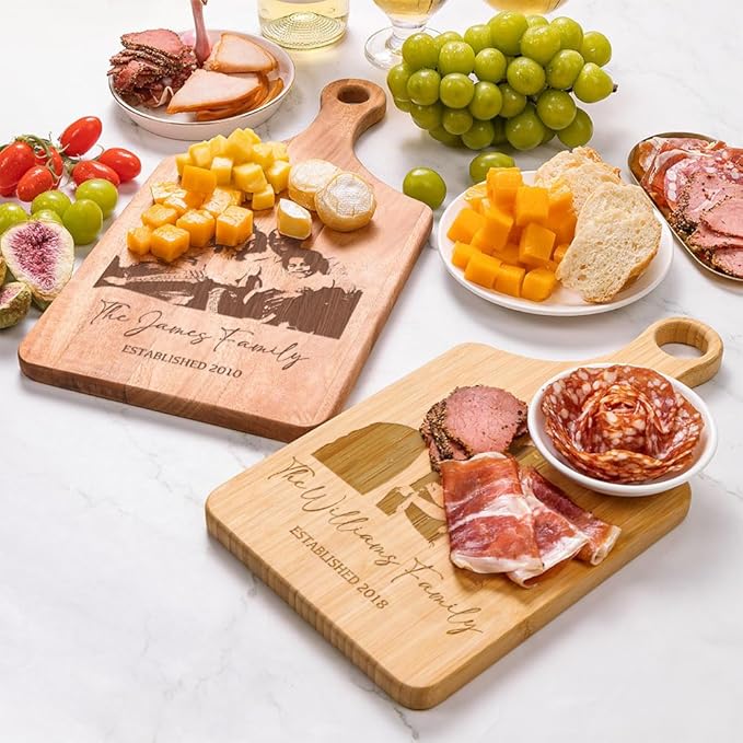 Personalized Wooden Engraved Cutting Boards with Handle, Custom Reversible Monogrammed Cheese Board S M L, Housewarming Wedding Gift for Family or Couple (Photo)