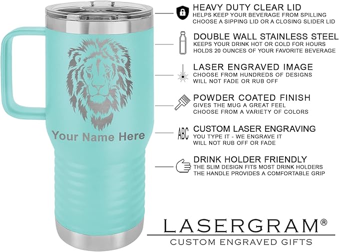 LaserGram 20oz Vacuum Insulated Travel Mug with Handle, Tiki Statue, Personalized Engraving Included (Teal)