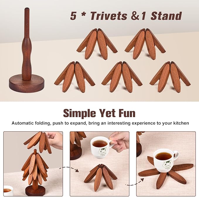 Christmas Tree Coasters - Wooden Trivets for Hot Dishes, Tree Shape Set - 5 Walnut Wood Trivets + 1 Stand (8.8 Inches)