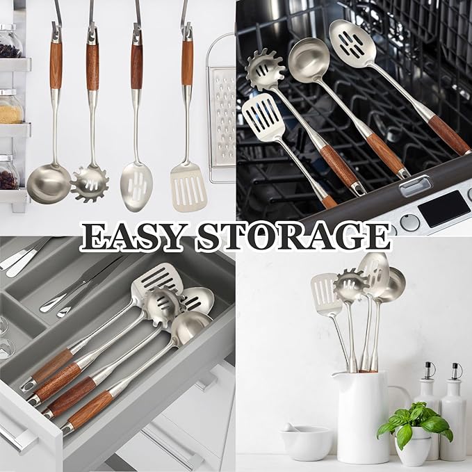Cooking Utensil Set - 304 Stainless Steel Kitchen Utensils Sets with Wood Handle Cookware Set Utensils kitchen tool set Dishwasher Safe- Slotted Spatula, Pasta, Spoon, Soup Ladle Set 4pc