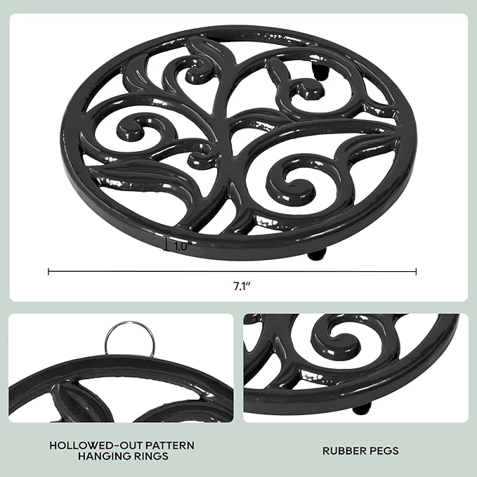 JOGREFUL Cast Iron Trivet Mats, Kitchen Pot Holders to Portect Table/Countertops, Heat Resistant Mats for Teapot/Hot Dishers/Plates, Vintage Mats with Weighted-Base, Vine Pattern, Black