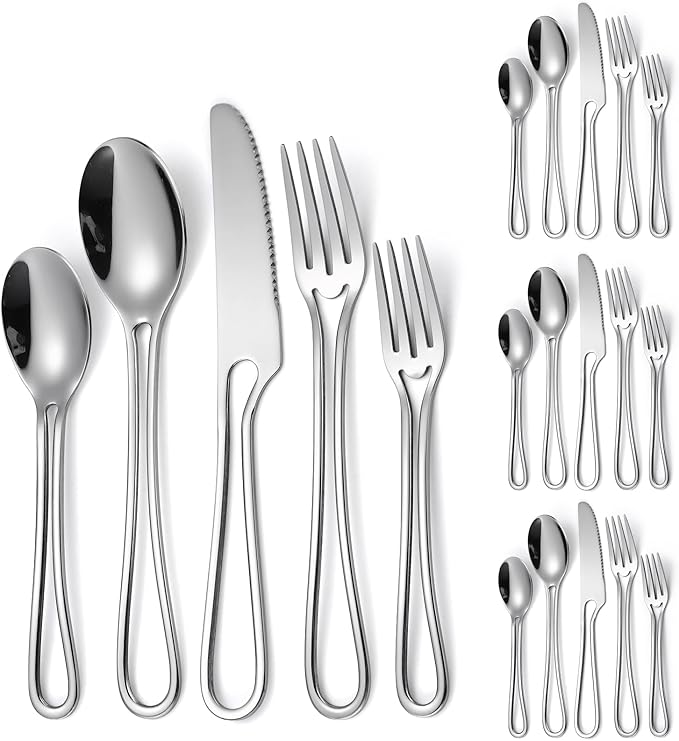Silvery Flatware Set 4 Hollow Out Cutlery Stainless Steel Silverware 20 Pieces Forks Spoons and Knives Kitchen Utensils Hanging Handle Durable