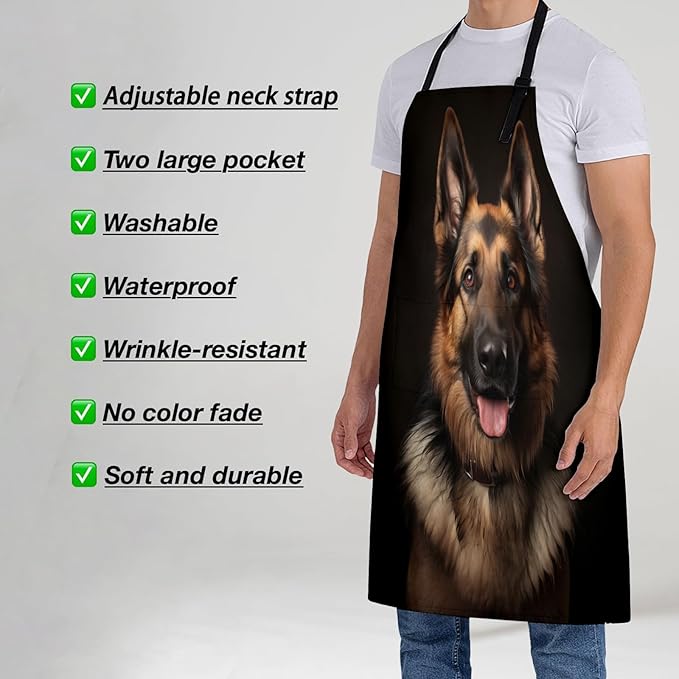German Shepherd Apron for Women, 28x33in, Kitchen Chef Aprons with 2 Pockets, Polyester, Animal Dog Apron for Cooking BBQ Baking Gardening Chef, Gifts for Mom Wife Dad