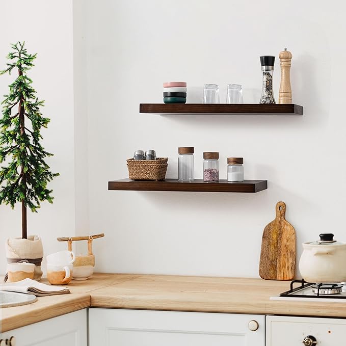 Fun Memories Farmhouse Floating Shelves - 8 Inch Deep Rustic Wood Wall Shelf - Premium Solid Pine Wood Storage Shelf for Kitchen Living Room Bedroom - 24" W x 8" D - Set of 2 - American Walnut Color