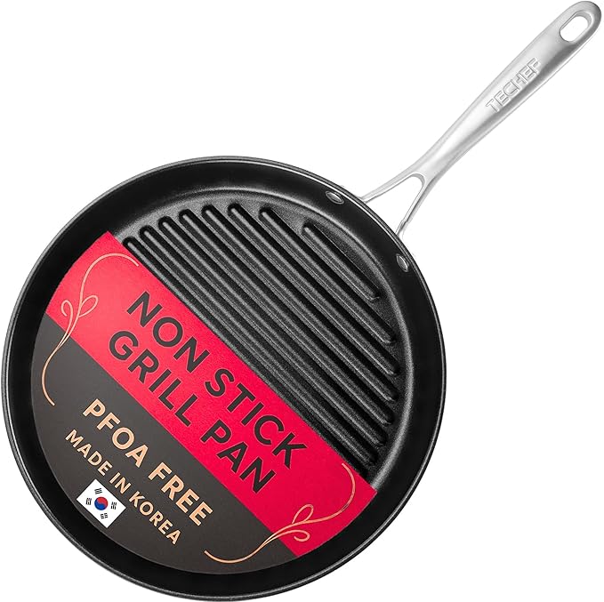 TECHEF - Onyx Collection, 12-inch Grill Pan For Stove Top, Nonstick Grill Pan For indoor cooking, PFOA-Free, Heavy-Duty Aluminum, Made In Korea (No Induction)