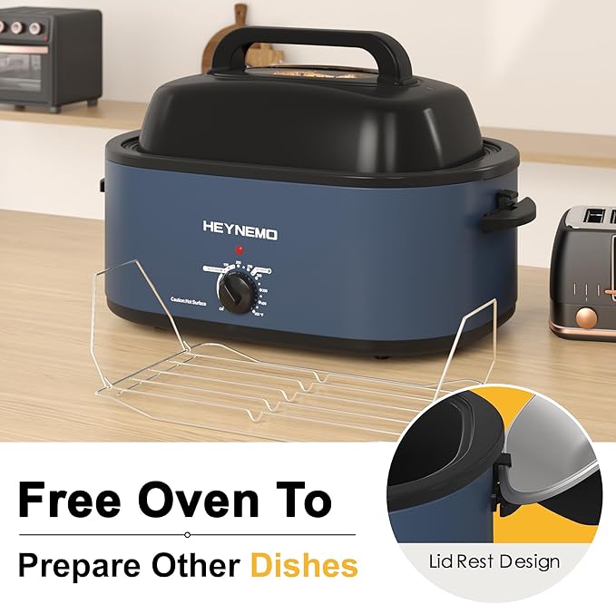 22 Quart Roaster Oven with Viewing Self-Basting Lid, Large Electric Turkey Roaster Oven with Defrost & Warm Function, Adjustable Temperature, Removable Pan & Rack, Stainless Steel, Blue