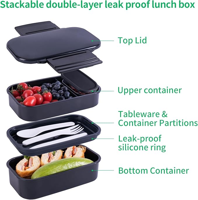 Lunchneo bento box for adults, separate for men and women, set of utensils and dipping containers, cute Japanese bento box, microwave heatable(Black)