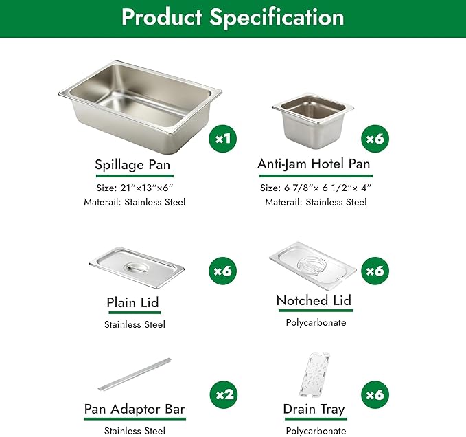 HECMAC Ice Chilled Condiment Serving Container (6 Pan), 2 Types of Lids, Drain Tray, 23 Gauge Anti-Jam Food Pan Commercial Heavy Duty Spice Rack Set, for Kitchen Buffet Catering
