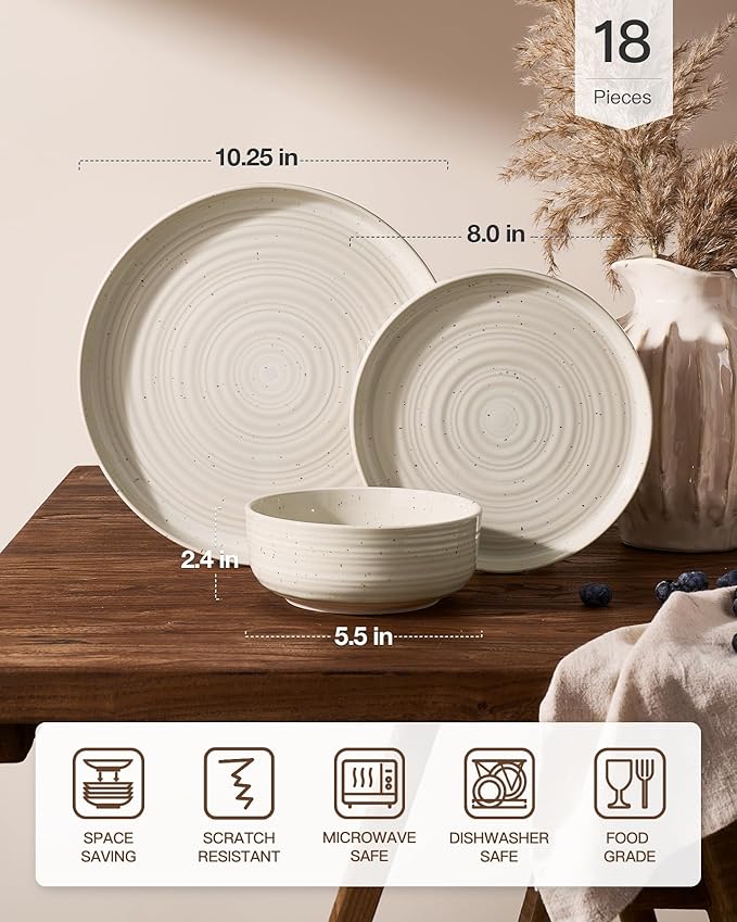 Plates and Bowls Sets for 6, Famiware Premium 18-Piece Stoneware Dinnerware Set, Spiral Flared Dish Set with Speckles & Reactive Glaze - Microwave & Dishwasher Safe Tableware, Shell Beige